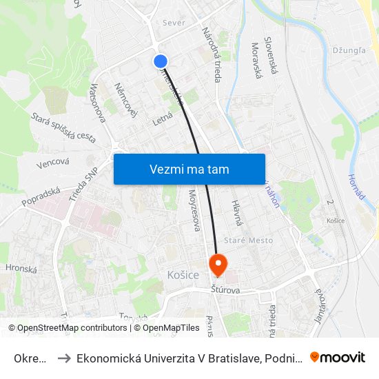 Okresný Úrad to Ekonomická Univerzita V Bratislave, Podnikovohospodárska Fakulta V Košiciach map