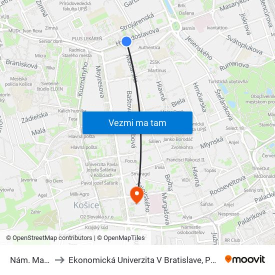 Nám. Maratónu Mieru to Ekonomická Univerzita V Bratislave, Podnikovohospodárska Fakulta V Košiciach map