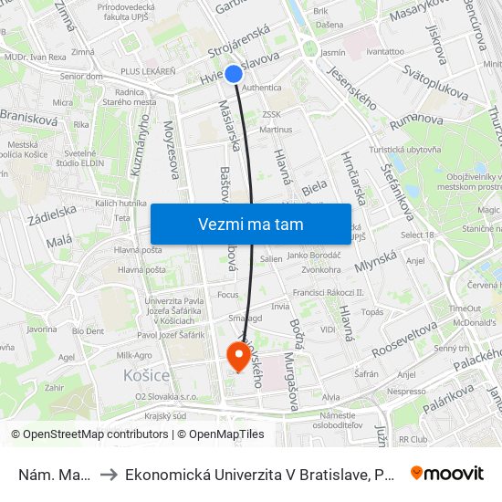 Nám. Maratónu Mieru to Ekonomická Univerzita V Bratislave, Podnikovohospodárska Fakulta V Košiciach map