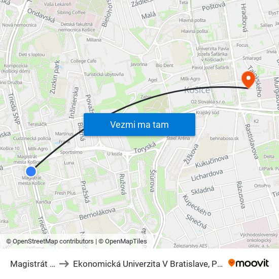 Magistrát Mesta Košice to Ekonomická Univerzita V Bratislave, Podnikovohospodárska Fakulta V Košiciach map