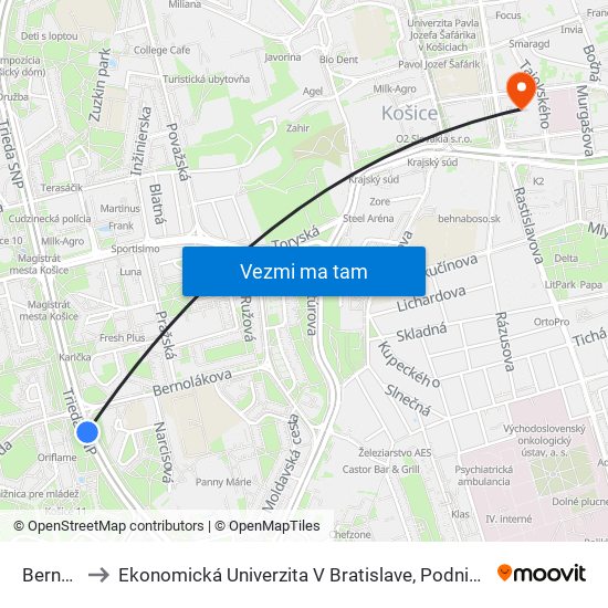 Bernolákova to Ekonomická Univerzita V Bratislave, Podnikovohospodárska Fakulta V Košiciach map