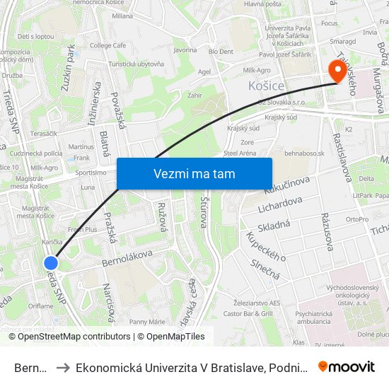 Bernolákova to Ekonomická Univerzita V Bratislave, Podnikovohospodárska Fakulta V Košiciach map