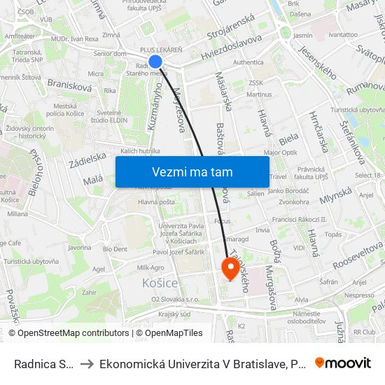 Radnica Starého Mesta to Ekonomická Univerzita V Bratislave, Podnikovohospodárska Fakulta V Košiciach map