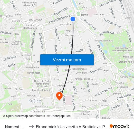 Namesti Maratonu Mieru to Ekonomická Univerzita V Bratislave, Podnikovohospodárska Fakulta V Košiciach map