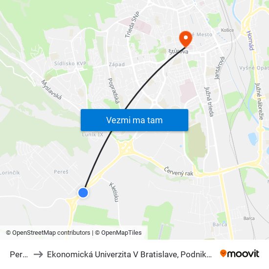 Perešská to Ekonomická Univerzita V Bratislave, Podnikovohospodárska Fakulta V Košiciach map