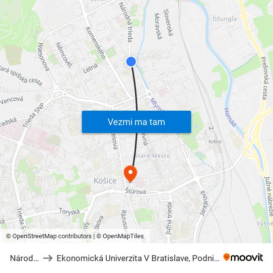 Národné Nám. to Ekonomická Univerzita V Bratislave, Podnikovohospodárska Fakulta V Košiciach map