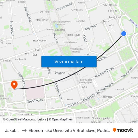 Jakabov Palác to Ekonomická Univerzita V Bratislave, Podnikovohospodárska Fakulta V Košiciach map