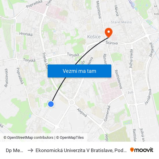 Dp Mesta Košice to Ekonomická Univerzita V Bratislave, Podnikovohospodárska Fakulta V Košiciach map