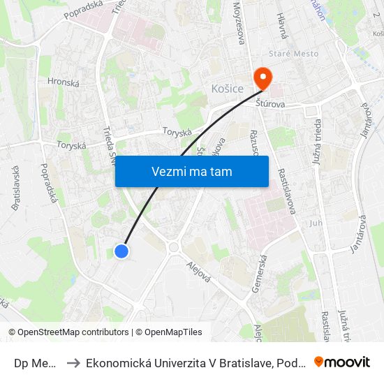 Dp Mesta Košice to Ekonomická Univerzita V Bratislave, Podnikovohospodárska Fakulta V Košiciach map