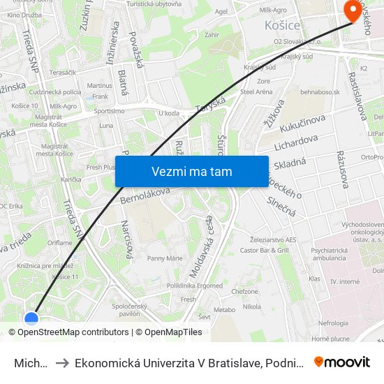 Michalovská to Ekonomická Univerzita V Bratislave, Podnikovohospodárska Fakulta V Košiciach map