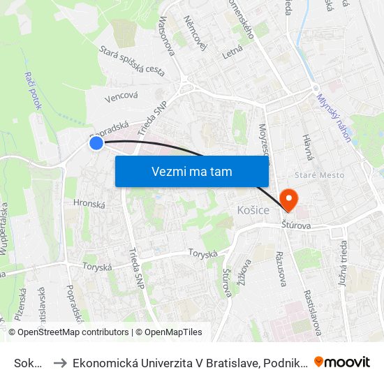 Sokolovská to Ekonomická Univerzita V Bratislave, Podnikovohospodárska Fakulta V Košiciach map