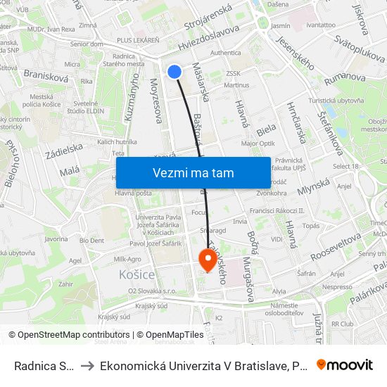 Radnica Starého Mesta to Ekonomická Univerzita V Bratislave, Podnikovohospodárska Fakulta V Košiciach map