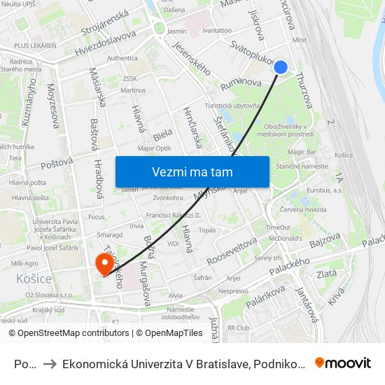 Pošta 2 to Ekonomická Univerzita V Bratislave, Podnikovohospodárska Fakulta V Košiciach map