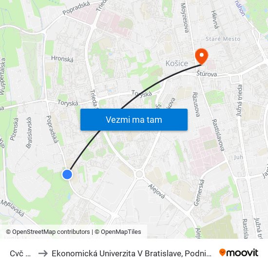 Cvč Domino to Ekonomická Univerzita V Bratislave, Podnikovohospodárska Fakulta V Košiciach map