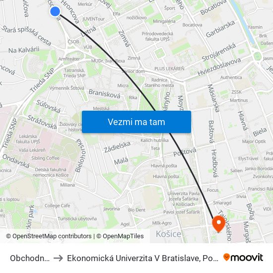 Obchodná Akadémia to Ekonomická Univerzita V Bratislave, Podnikovohospodárska Fakulta V Košiciach map