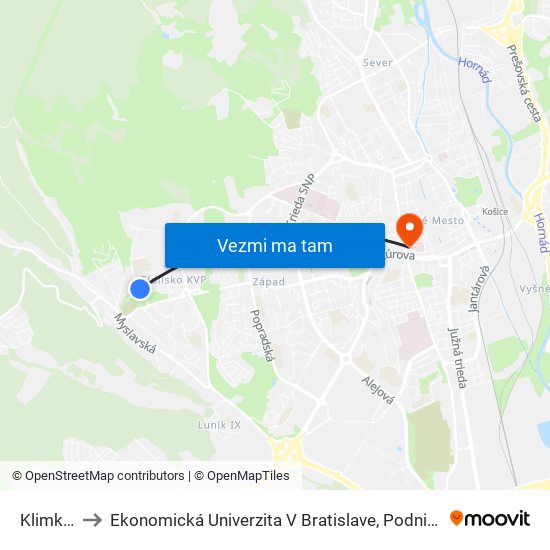 Klimkovičova to Ekonomická Univerzita V Bratislave, Podnikovohospodárska Fakulta V Košiciach map