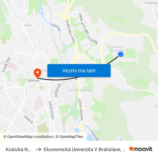 Košická Nová Ves, Cintorín to Ekonomická Univerzita V Bratislave, Podnikovohospodárska Fakulta V Košiciach map