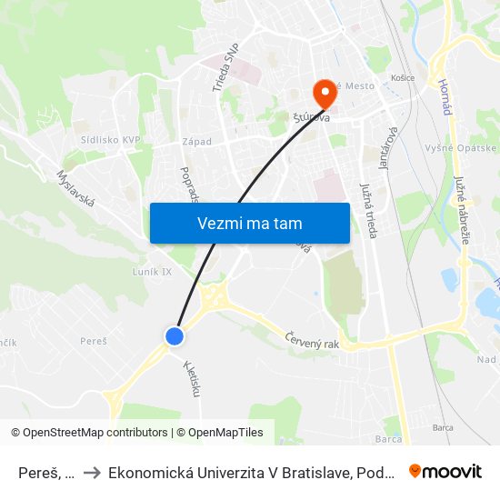 Pereš, Vodojem to Ekonomická Univerzita V Bratislave, Podnikovohospodárska Fakulta V Košiciach map