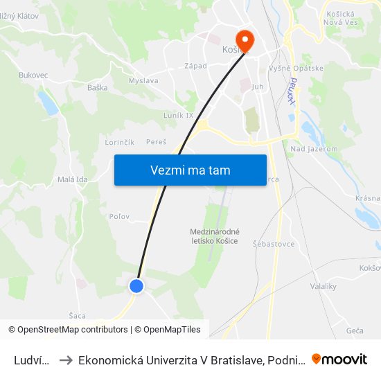 Ludvíkov Dvor to Ekonomická Univerzita V Bratislave, Podnikovohospodárska Fakulta V Košiciach map