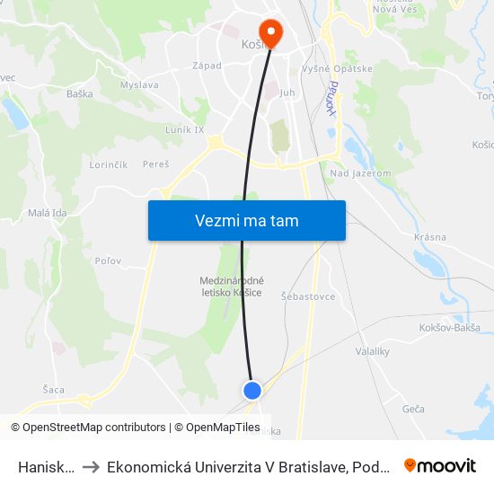 Haniska, Žel. St. to Ekonomická Univerzita V Bratislave, Podnikovohospodárska Fakulta V Košiciach map