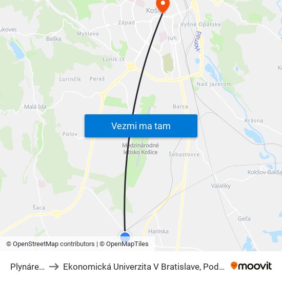 Plynáreň Haniska to Ekonomická Univerzita V Bratislave, Podnikovohospodárska Fakulta V Košiciach map