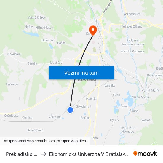 Prekladisko Hotových Výrobkov to Ekonomická Univerzita V Bratislave, Podnikovohospodárska Fakulta V Košiciach map