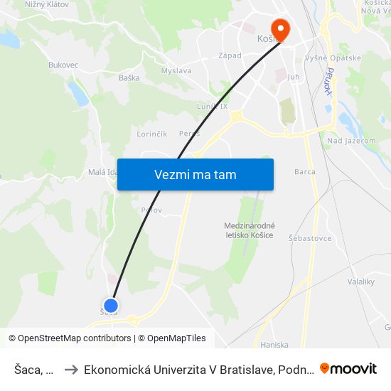 Šaca, Námestie to Ekonomická Univerzita V Bratislave, Podnikovohospodárska Fakulta V Košiciach map