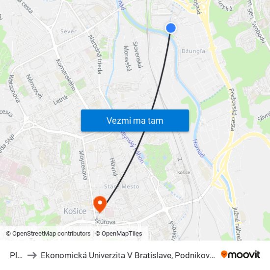 Plťová to Ekonomická Univerzita V Bratislave, Podnikovohospodárska Fakulta V Košiciach map