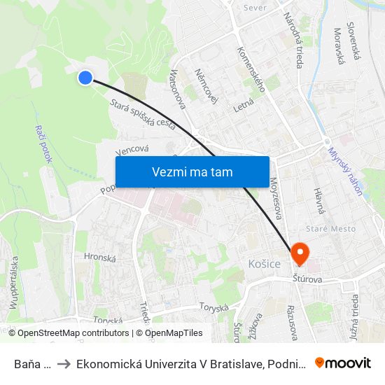 Baňa Bankov to Ekonomická Univerzita V Bratislave, Podnikovohospodárska Fakulta V Košiciach map