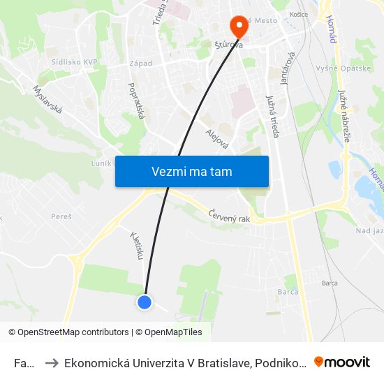 Faurecia to Ekonomická Univerzita V Bratislave, Podnikovohospodárska Fakulta V Košiciach map