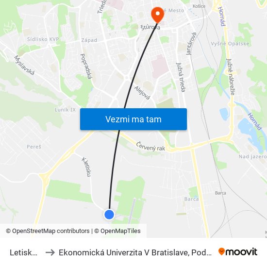 Letisko / Airport to Ekonomická Univerzita V Bratislave, Podnikovohospodárska Fakulta V Košiciach map