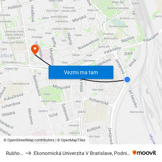 Rušňové Depo to Ekonomická Univerzita V Bratislave, Podnikovohospodárska Fakulta V Košiciach map