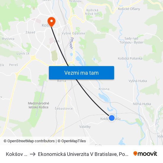 Kokšov Bakša Č. 2 to Ekonomická Univerzita V Bratislave, Podnikovohospodárska Fakulta V Košiciach map