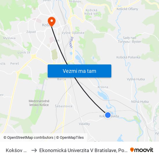 Kokšov Bakša Č. 215 to Ekonomická Univerzita V Bratislave, Podnikovohospodárska Fakulta V Košiciach map