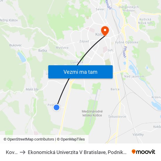 Kovaľská to Ekonomická Univerzita V Bratislave, Podnikovohospodárska Fakulta V Košiciach map