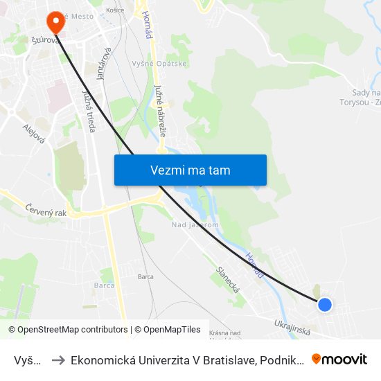 Vyšný Dvor to Ekonomická Univerzita V Bratislave, Podnikovohospodárska Fakulta V Košiciach map