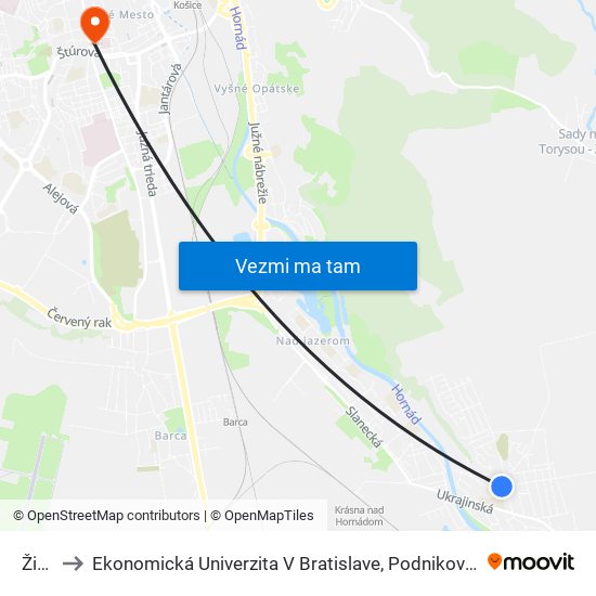 Žiacka to Ekonomická Univerzita V Bratislave, Podnikovohospodárska Fakulta V Košiciach map