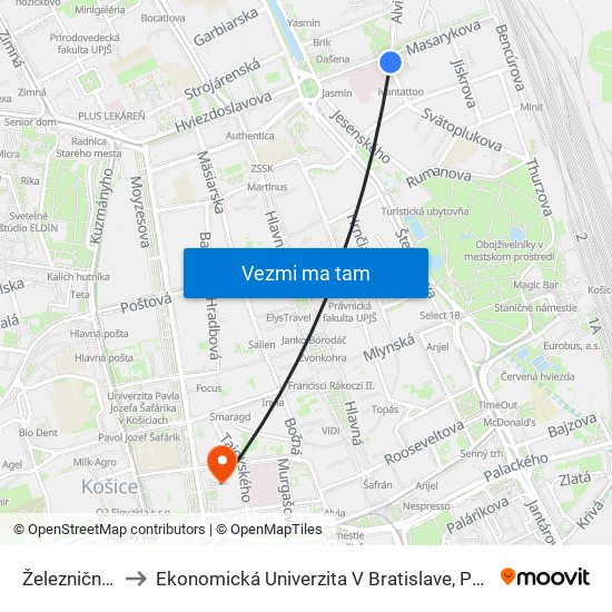 Železničná Nemocnica to Ekonomická Univerzita V Bratislave, Podnikovohospodárska Fakulta V Košiciach map