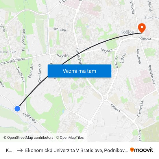 Kolibár to Ekonomická Univerzita V Bratislave, Podnikovohospodárska Fakulta V Košiciach map