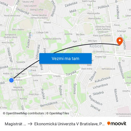 Magistrát Mesta Košice to Ekonomická Univerzita V Bratislave, Podnikovohospodárska Fakulta V Košiciach map