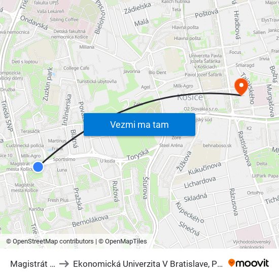 Magistrát Mesta Košice to Ekonomická Univerzita V Bratislave, Podnikovohospodárska Fakulta V Košiciach map