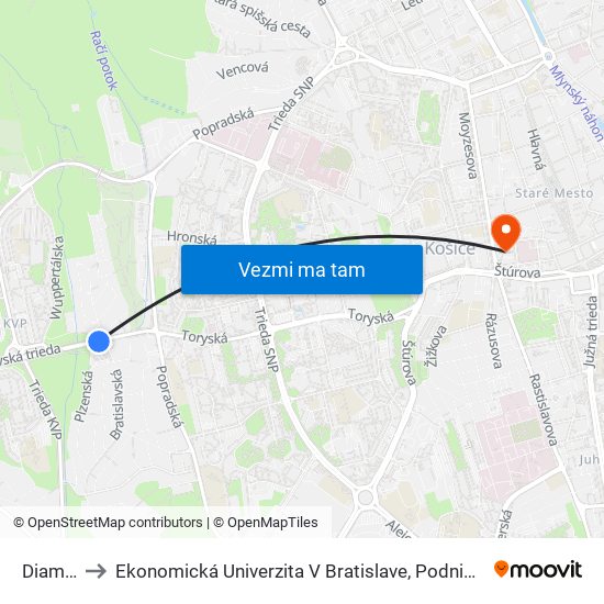 Diamantová to Ekonomická Univerzita V Bratislave, Podnikovohospodárska Fakulta V Košiciach map