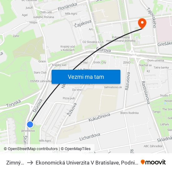 Zimný Štadión to Ekonomická Univerzita V Bratislave, Podnikovohospodárska Fakulta V Košiciach map