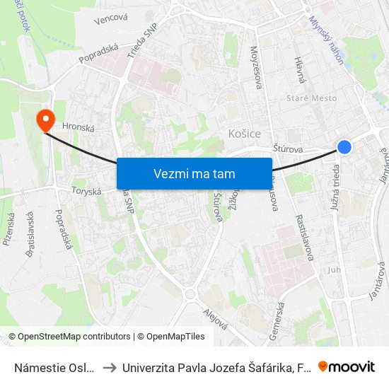 Námestie Osloboditeľov to Univerzita Pavla Jozefa Šafárika, Fakulta Verejnej Správy map