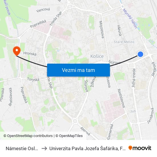 Námestie Osloboditeľov to Univerzita Pavla Jozefa Šafárika, Fakulta Verejnej Správy map