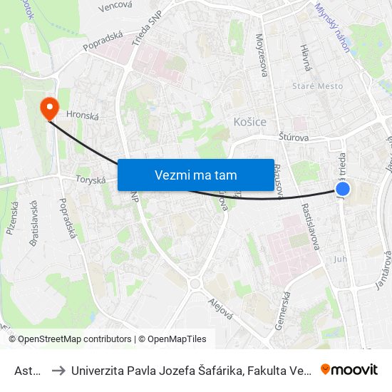 Astória to Univerzita Pavla Jozefa Šafárika, Fakulta Verejnej Správy map