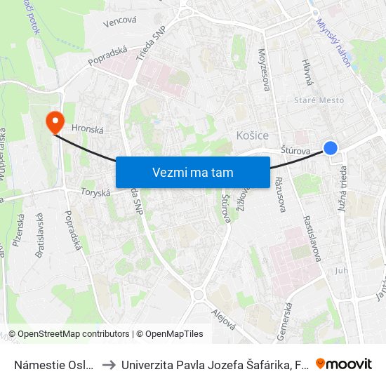 Námestie Osloboditeľov to Univerzita Pavla Jozefa Šafárika, Fakulta Verejnej Správy map