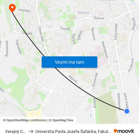 Verejný Cintorín to Univerzita Pavla Jozefa Šafárika, Fakulta Verejnej Správy map