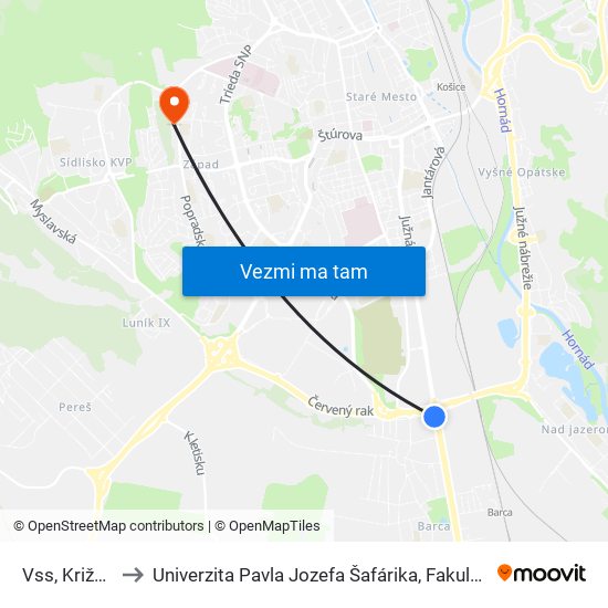 Vss, Križovatka to Univerzita Pavla Jozefa Šafárika, Fakulta Verejnej Správy map