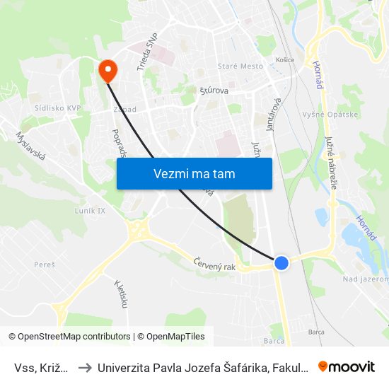 Vss, Križovatka to Univerzita Pavla Jozefa Šafárika, Fakulta Verejnej Správy map